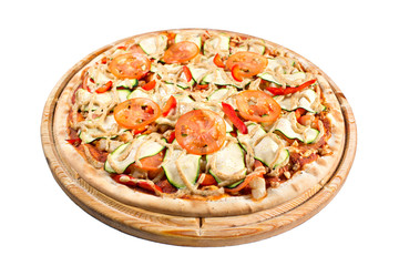 Italian kitchen and cooking concept. Hot tasty sliced ingredients zucchini, tomato, paprika. Eat delivery.