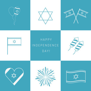 Israel Independence Day holiday flat design white thin line icons set with text in english