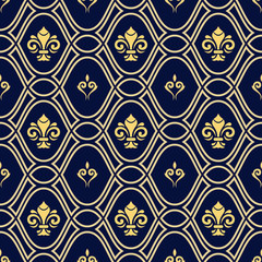 Seamless navy blue and goldenn pattern. Modern geometric ornament with royal lilies. Classic vintage background