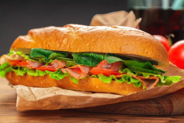 sandwich on a wooden table
