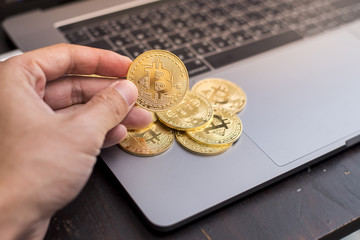 male hand holding  bitcoin on a laptop background.