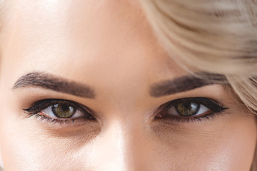 close up view of beautiful female eyes with makeup looking at camera