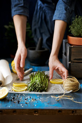 Fresh asparagus with ingredients for cooking. Selective focus