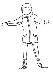 Girl having fun in park, balancing while skating at ice rink. Enjoying nature. Continuous line drawing. Isolated on the white background.