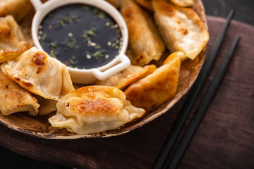Fried Chinese dumpling called Gyoza, kind of asian food