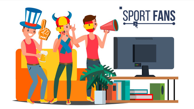 Sport Fans Group Vector. Cheering For The Sport Team. Watching Game Match On TV. Isolated Flat Cartoon Illustration