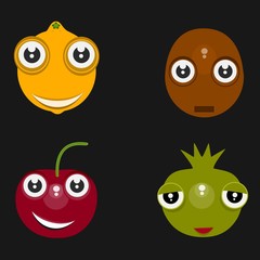 Funny isolated icons: lemon, cherry, potato and onion with black background