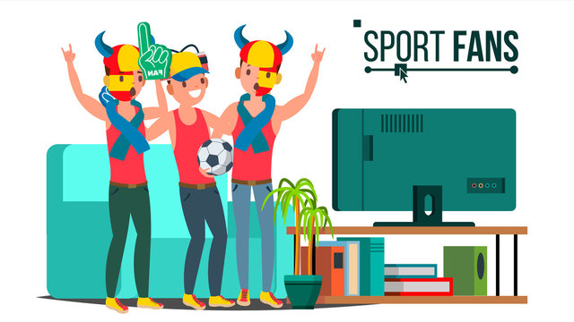 Sport Fans Group Vector. TV-set. Sport Match Supporting. Isolated Flat Cartoon Illustration