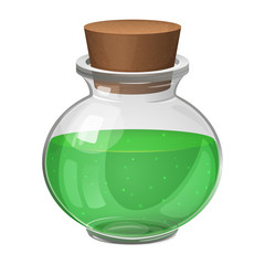 Transparent glass jar with green liquid. Vector illustration. Game icon.