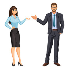 Fototapeta premium Man in business suit with glasses and beard and elegant brunette girl. Businessman and secretary, standing and gesturing. Stock vector, eps 10.