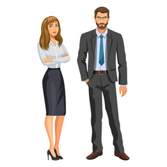 Fototapeta na wymiar Man in business suit with glasses and beard and elegant blonde girl. Businessman and secretary or assistant. Stock vector, eps 10.