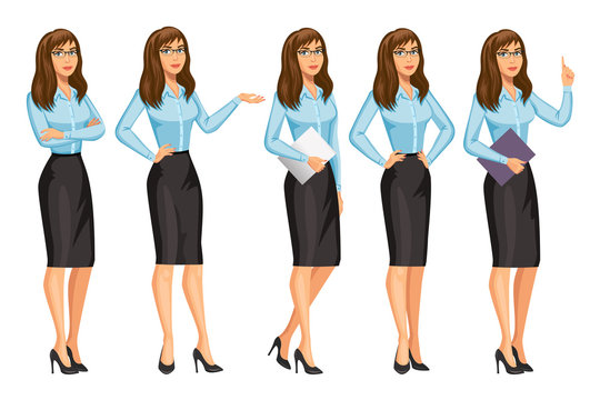 Woman in business style with glasses. Elegant girl in different poses. Consultant or secretary, standing and gesturing. Stock vector, eps 10.