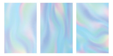 Fototapeta premium Holographic gradient mesh set vector illustration. Colorful iridescent pastel background.