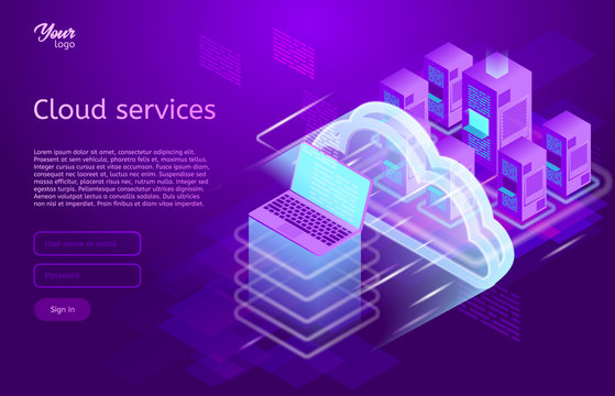 Isometric cloud computing services concept. Vector illustration showing the laptop and web servers. Cloud data storage.. Ultraviolet colors. Abstract tech background