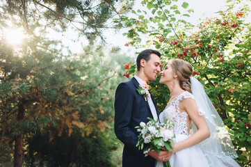 A cute fiancé and a beautiful bride in a lace dress gently embrace against a red viburnum. A...