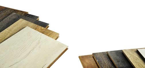 wood texture floor Samples of laminate, veneer, vinyl floor tile on isolate Background for new constuction or renovate building.
