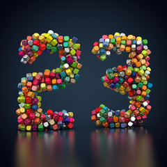 Zahl 23 aus bunten Spielwürfeln