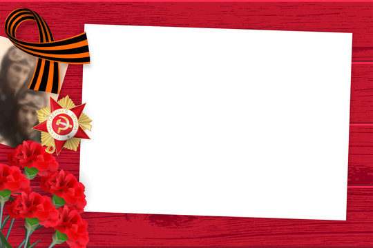 9 may wooden board red carnations St George ribbon. Victory Day order Gear War veteran. Vector realistic illustration background. Greeting banner veteran memory poster.