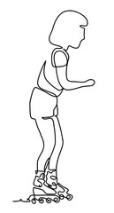 Girl on roller skates at a park. Isolated on white background. Continuous line drawing. Vector monochrome, drawing by lines. People in the Park.