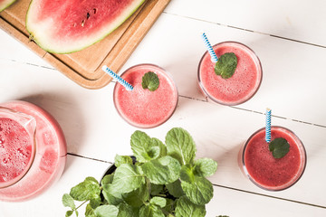 Above view on glass with fresh watermelon smoothie.