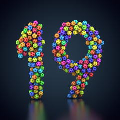 Zahl 19 aus vielen bunten Fußbällen