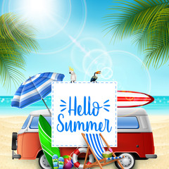Obraz premium Hello summer banner background with a camper van, birds, and beach elements