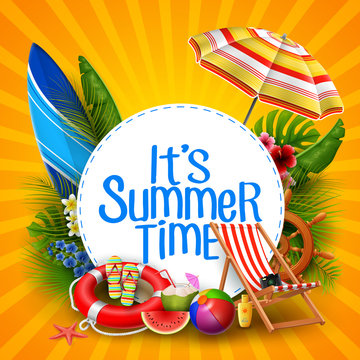 It's summer time banner design with white circle for text and beach elements