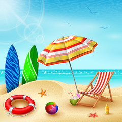 Summer holidays background. Surfboard, umbrellas, desk chair, ball, lifebuoy, sunblock, starfish, and coconut cocktail on a sandy beach