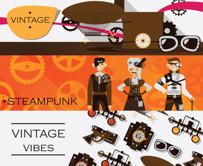 Vector set with horizontal banners dedicated to vintage, retro and steampunk antique. Goggles and dirigible, lovely characters