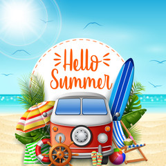 Naklejka premium Hello summer. Summer vacations. Camper van on the beach.