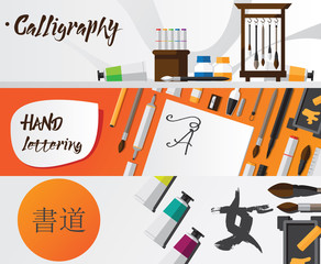 Vector illustration of calligraphy and lettering banners drawn with accessories and stationery. Western and japanese calligraphy design