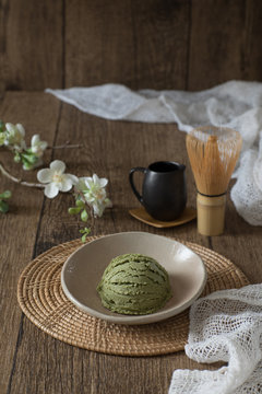 green tea matcha ice cream japanese on tatami decoration style traditional sweet and cold
