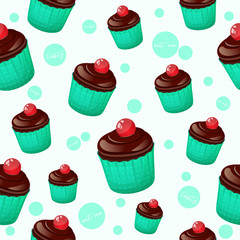 Colorful seamless pattern with tasty chocolate cupcake and jelly ball in cartoon style. Vector illustration. Desserts Collection.