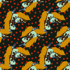 Abstract seamless stroked pattern. Grunge urban repeated backdrop, textile, wrapping paper. Bright elements in mint, orange, red and black colors. 