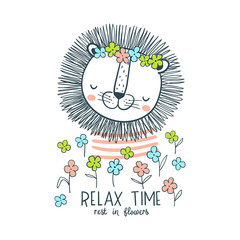 Fototapeta premium Lion in the flowers. Vector illustration for kids