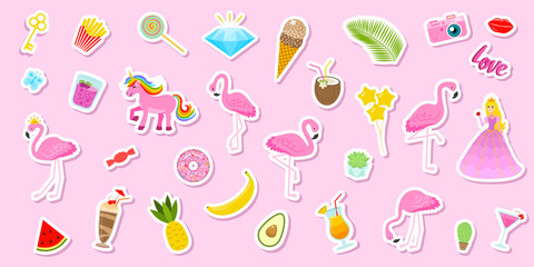 Set of girls fashion cute patches, fun stickers, badges, pins and stickers. Collection different elements. Princess and flamingos, unicorn, milkshakes, candy for notebook. Vector trendy illustration.