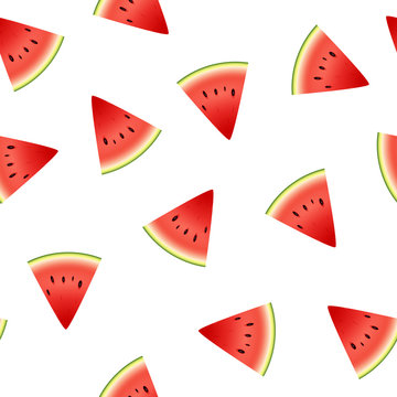 Seamless pattern of watermelon slices with seeds on white background