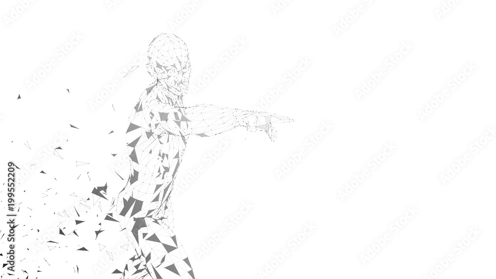 Poster conceptual abstract man touching or pointing to something. connected lines, dots, triangles. artific
