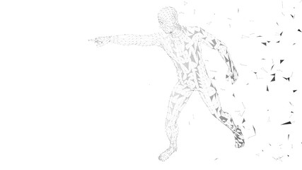 Conceptual abstract man touching or pointing to something. Connected lines, dots, triangles. Artificial intelligence concept. High technology vector digital background. 3D render vector illustration