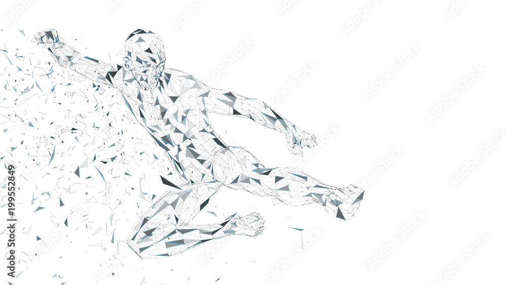 Aufkleber conceptual abstract man jumping in kung fu kick. connected lines, dots, triangles, particles. artifi