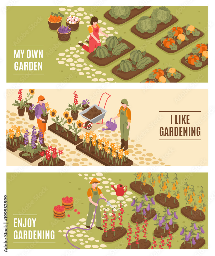 Sticker gardening isometric banners set