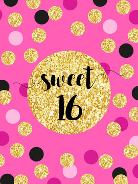 Cute festive bright sweet sixteen card with golden glitter confetti