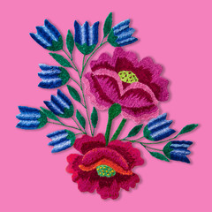 Embroidery bouquet of flowers in purple on pink fabric with smooth handwork, trend 2018
