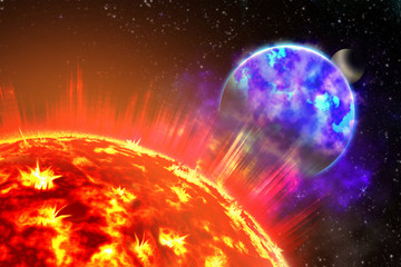 Sun and Earth in the depths of space. Scheme of solar radiation and electromagnetic field of the Earth. 3d illustration