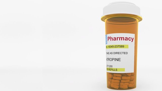 ATROPINE generic drug pills in a prescription bottle. Conceptual 3D animation