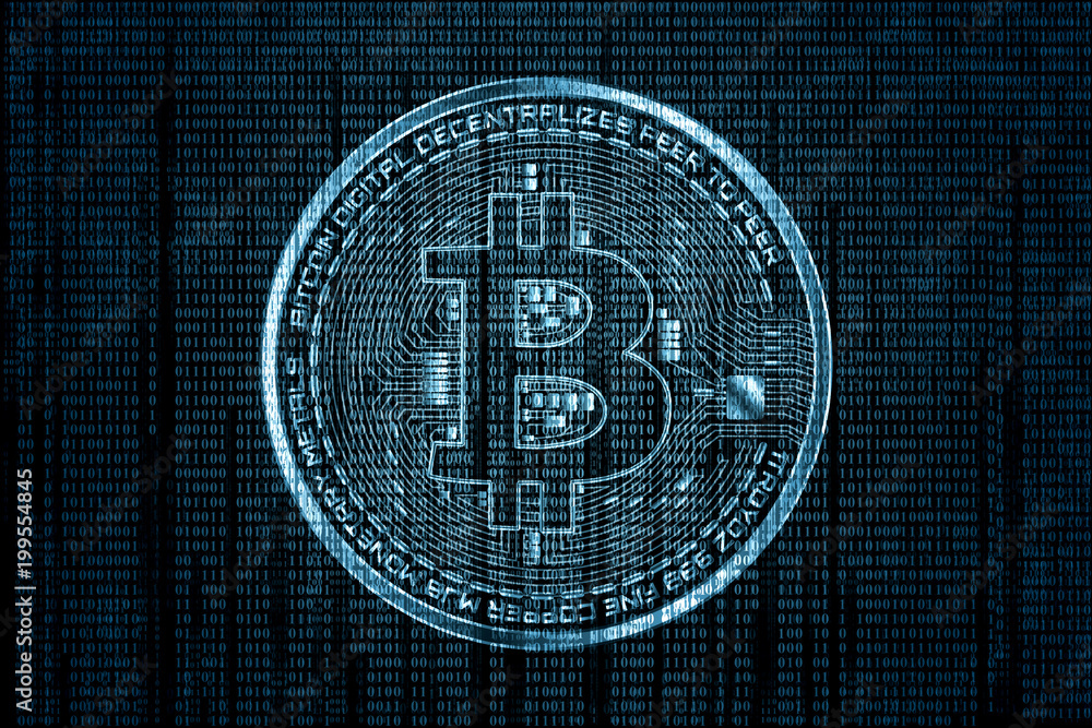 Poster abstract technology bitcoin logo on binary code and gear blue background .