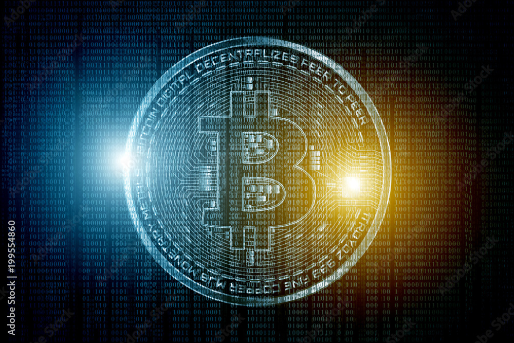 Poster cryptocurrency, finance and business concept - green bitcoin projection and binary code over black b