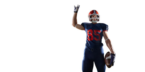 Isolated American football player rejoices in victory in white background