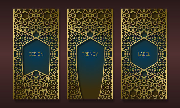 Vintage golden packaging design in oriental style. Set of ornate labels templates for trendy goods. Arabesque backgrounds with beautiful patterned frames.