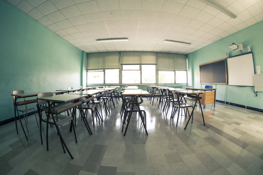 Fish Eye View Of An Abandoned Classroom.